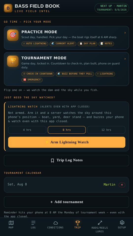 Trip page with Lightning Watch and trip modes
