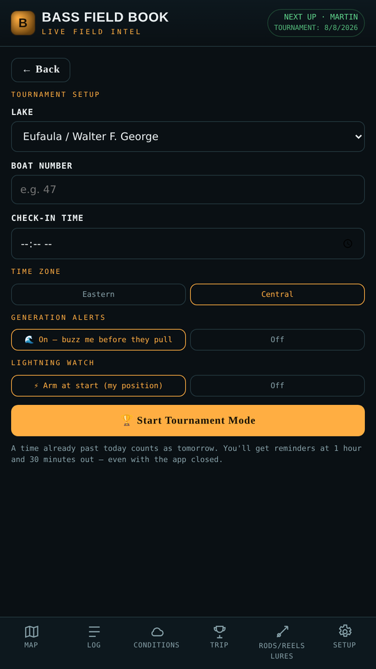 Tournament day screen with countdown and game plan